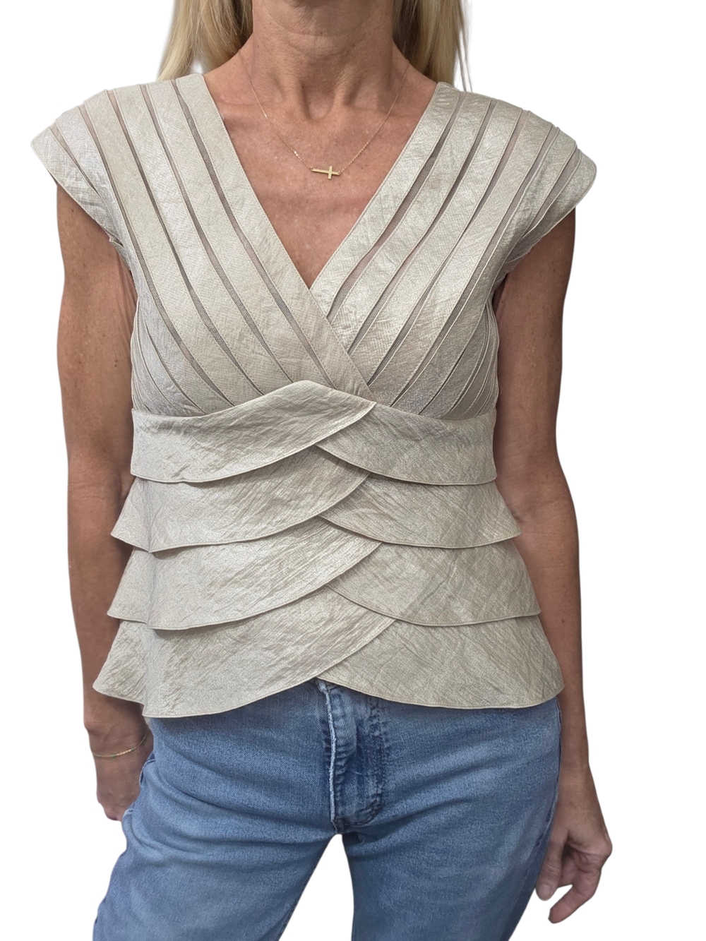 Adrianna Papell Champagne Peplum Top 8 Sheer Panel V Neck Formal